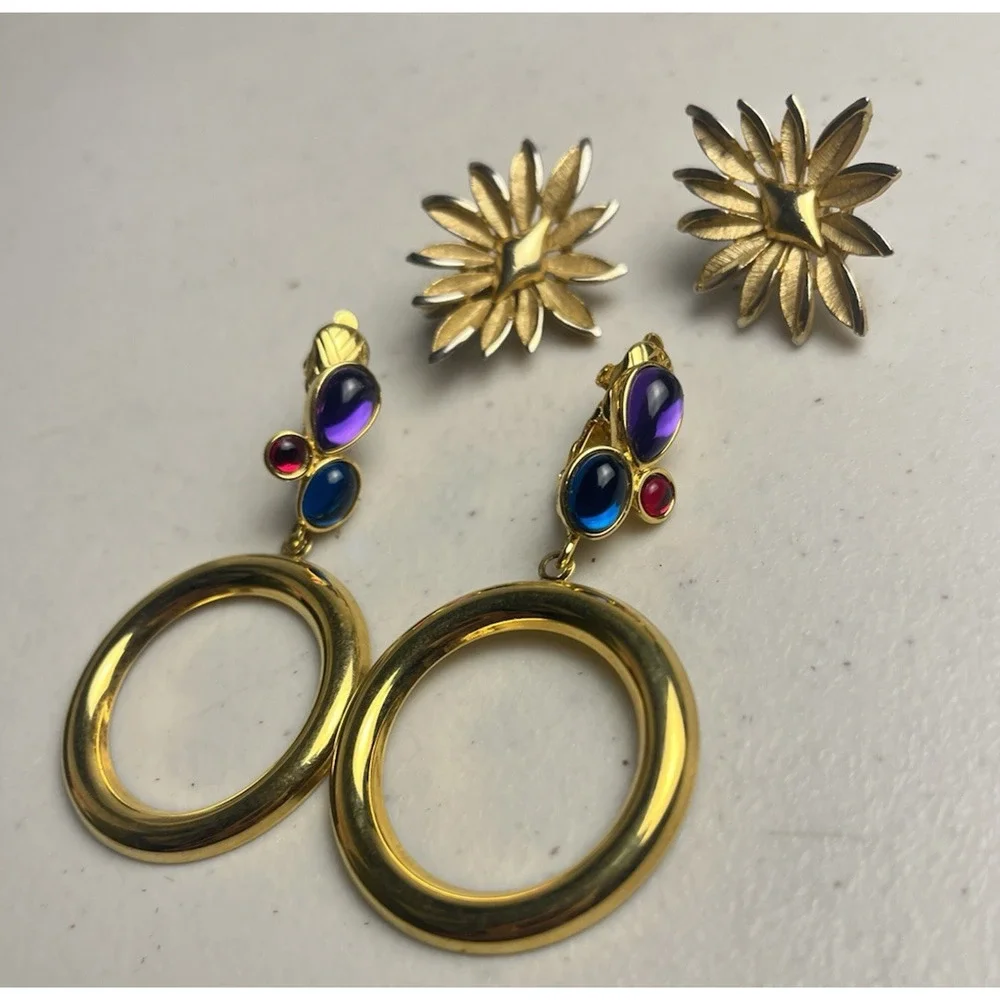 Trifari Clip On Earrings Lot Jelly Cabochon Door Knockers Starburst Gold Tone
